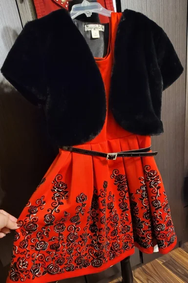 Knitworks | Dresses | Knit Works Redblack Dress With Black Furry Shirt  Sleeve Open Jacket | Poshmark